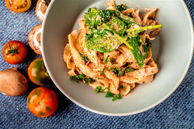 Image of Vegan Pasta Alfredo with Mushrooms and Spinach
